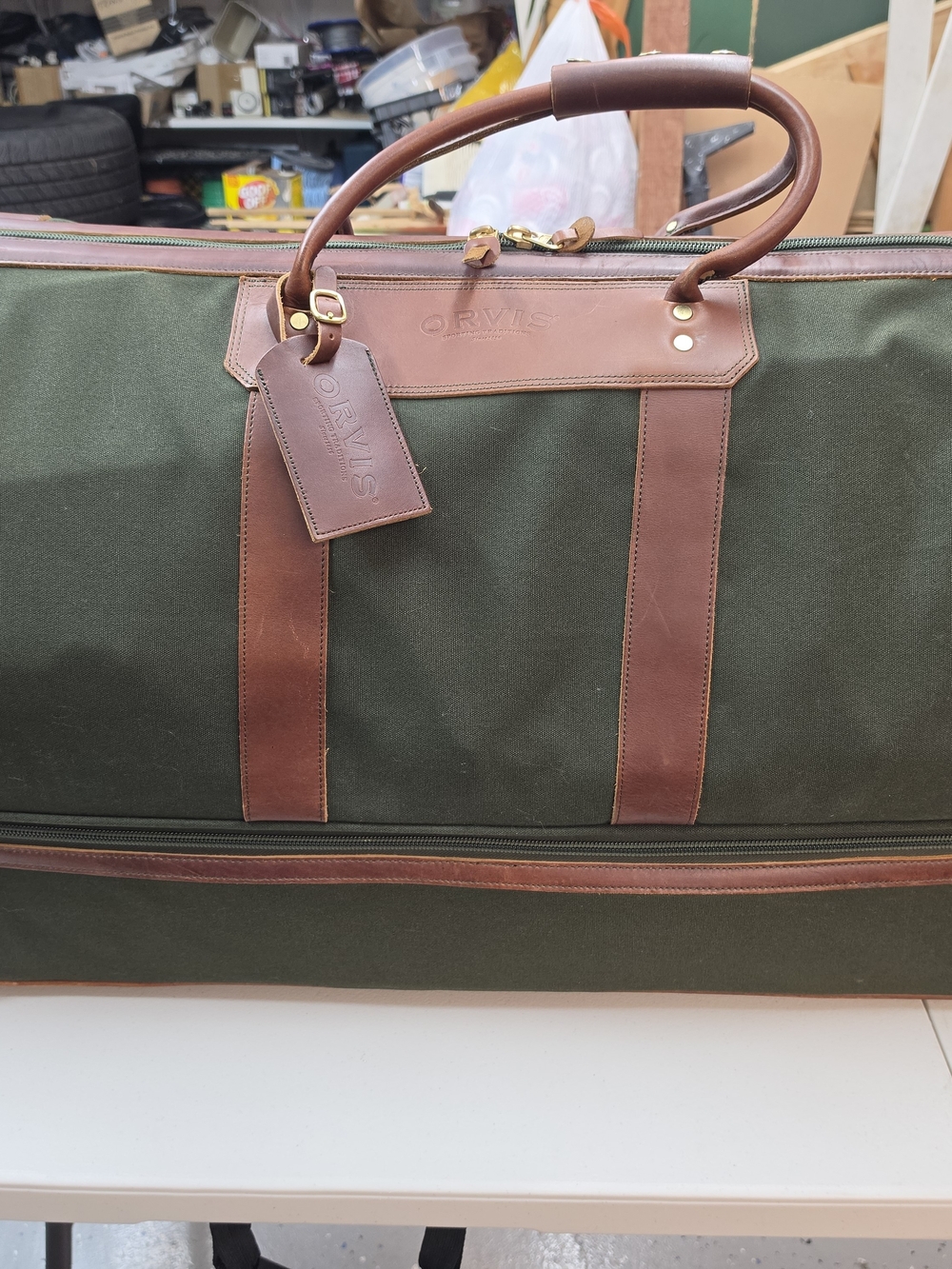Orvis Battenkill Green Canvas & Brown Leather Travel Duffel Roller
